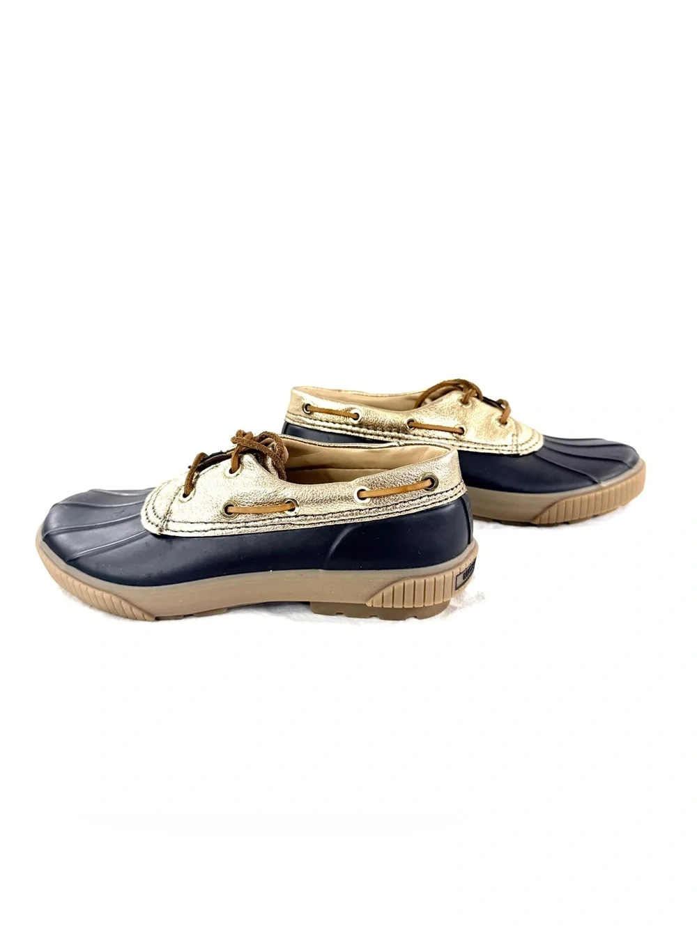 Michael Kors Women Size 6 Hyde Brown Rubber Metallic Gold Leather Duck Shoe Logo